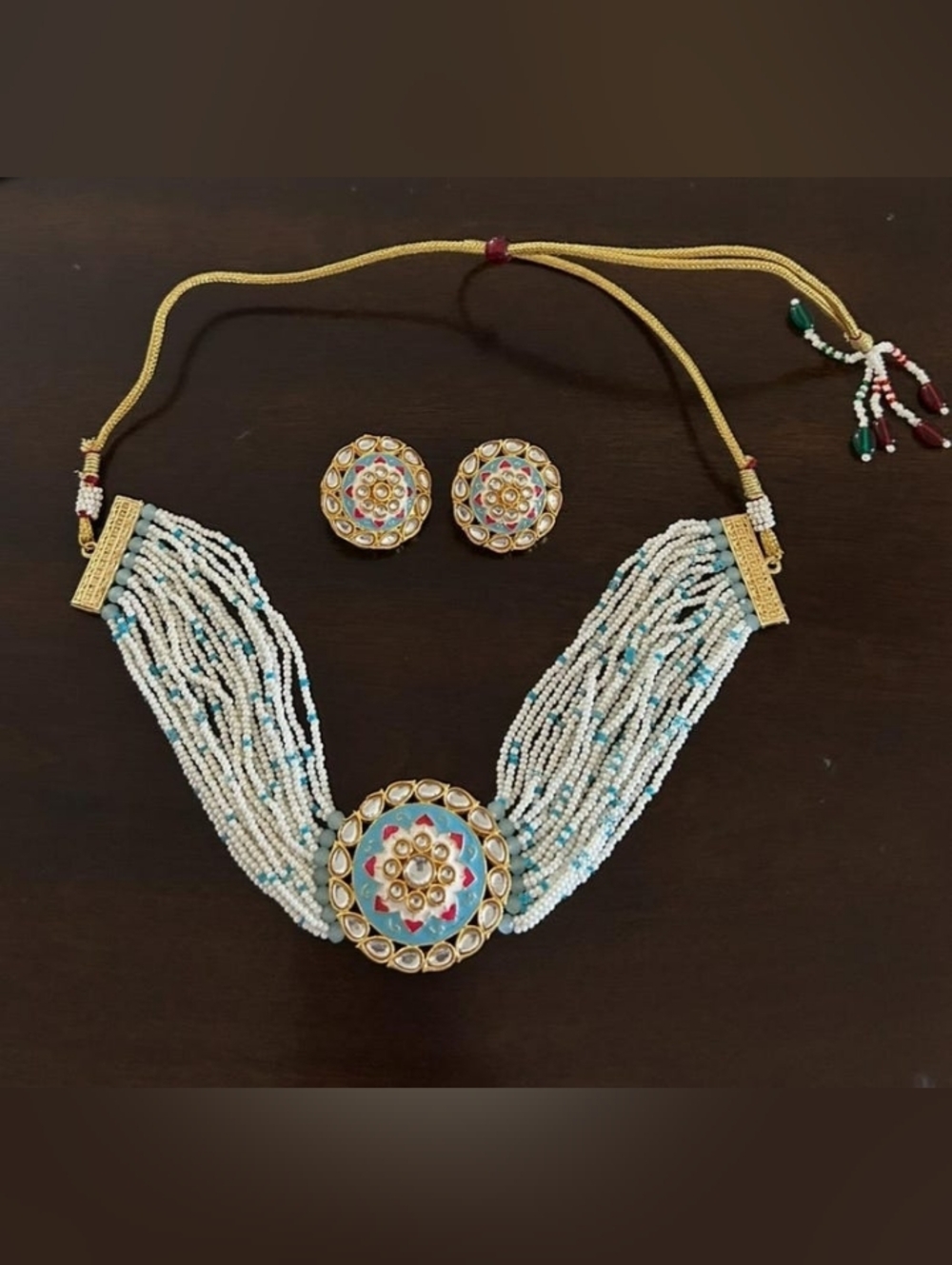 Gold-Tone Multi-Strand White & Turquoise Beaded Necklace with Enamel Medallion